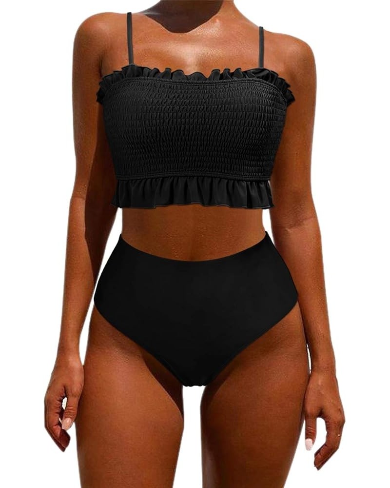 Women's Bandeau Bikini Sets Cute Shirred Swimsuit High Waisted Bathing Suit 58-solid Black $20.06 Swimsuits