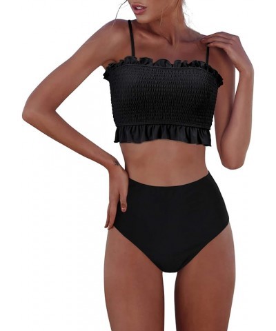 Women's Bandeau Bikini Sets Cute Shirred Swimsuit High Waisted Bathing Suit 58-solid Black $20.06 Swimsuits