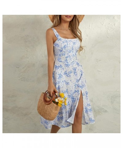 Women Bustier Long Dress Square Neck Low Cut Sleeveless Summer Boho Midi Dress Lace Trim A-Line Sundress 1-blue $13.24 Dresses