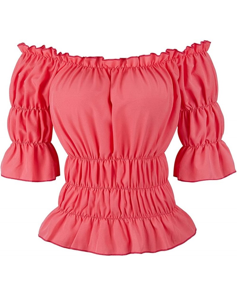 Women Renaissance Blouse Victorian Steampunk Pirate Shirt Off Shoulder Short Sleeve Smocked Blouse Tops Pink $14.83 Blouses