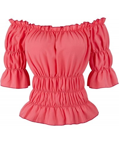 Women Renaissance Blouse Victorian Steampunk Pirate Shirt Off Shoulder Short Sleeve Smocked Blouse Tops Pink $14.83 Blouses