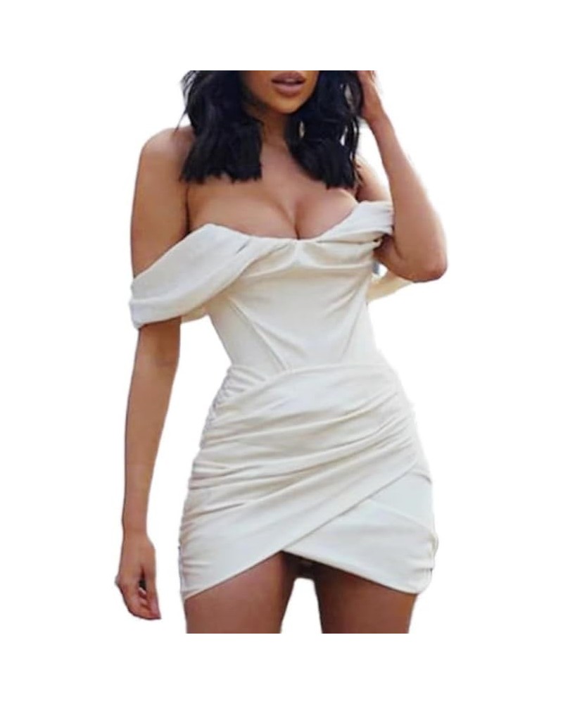 Woman Elegant Backless Chic Ruched Bodice Off Shoulder Satin Bodycon Mid Split Tube Top Wedding Party Midi Dress White $32.45...