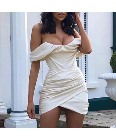 Woman Elegant Backless Chic Ruched Bodice Off Shoulder Satin Bodycon Mid Split Tube Top Wedding Party Midi Dress White $32.45...