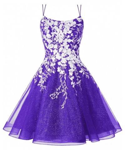 Sparkly Tulle Homecoming Dresses 2024 Spaghetti Straps Lace Appliques Scoop Neck A Line Short Cocktail Party Gown Purple $46....