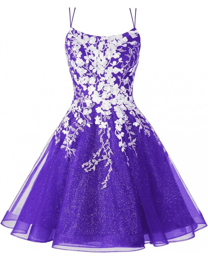 Sparkly Tulle Homecoming Dresses 2024 Spaghetti Straps Lace Appliques Scoop Neck A Line Short Cocktail Party Gown Purple $46....