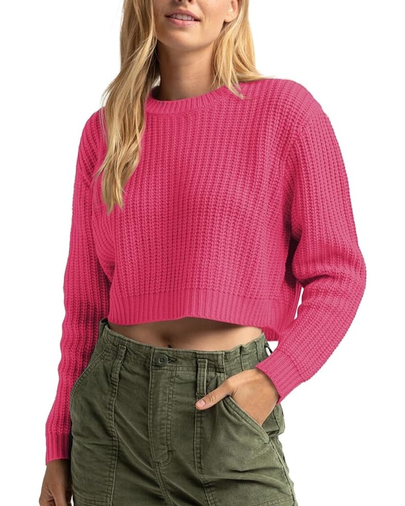 Women's Crewneck Casual Knitted Long Sleeve Loose Crop Pullover Sweater Top Hot Pink $22.41 Sweaters