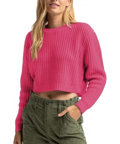 Women's Crewneck Casual Knitted Long Sleeve Loose Crop Pullover Sweater Top Hot Pink $22.41 Sweaters