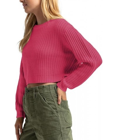 Women's Crewneck Casual Knitted Long Sleeve Loose Crop Pullover Sweater Top Hot Pink $22.41 Sweaters