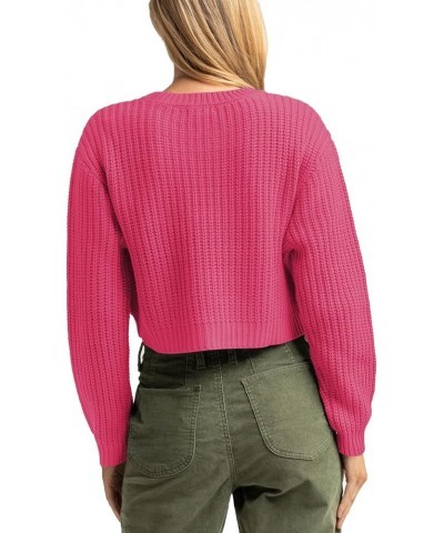 Women's Crewneck Casual Knitted Long Sleeve Loose Crop Pullover Sweater Top Hot Pink $22.41 Sweaters