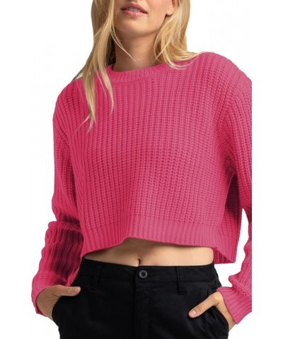 Women's Crewneck Casual Knitted Long Sleeve Loose Crop Pullover Sweater Top Hot Pink $22.41 Sweaters