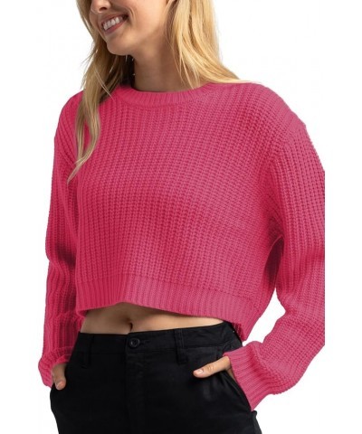 Women's Crewneck Casual Knitted Long Sleeve Loose Crop Pullover Sweater Top Hot Pink $22.41 Sweaters