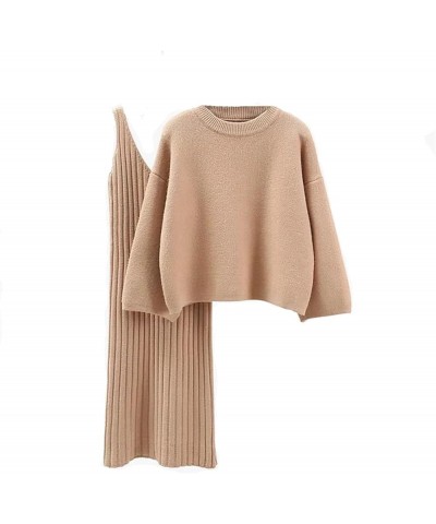 Women's Sweater Dress Set 2 Piece Outfit Knit Long Sleeve Solid Color Sweater Top,Spaghetti Strap Dresses Khaki $23.84 Sweaters