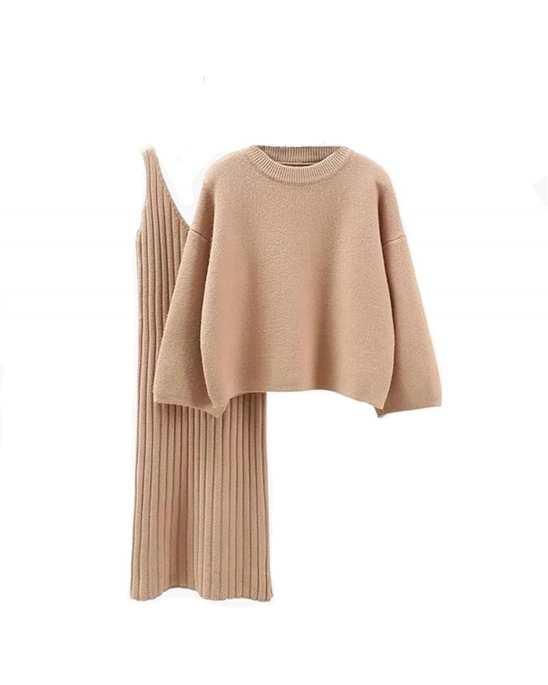 Women's Sweater Dress Set 2 Piece Outfit Knit Long Sleeve Solid Color Sweater Top,Spaghetti Strap Dresses Khaki $23.84 Sweaters