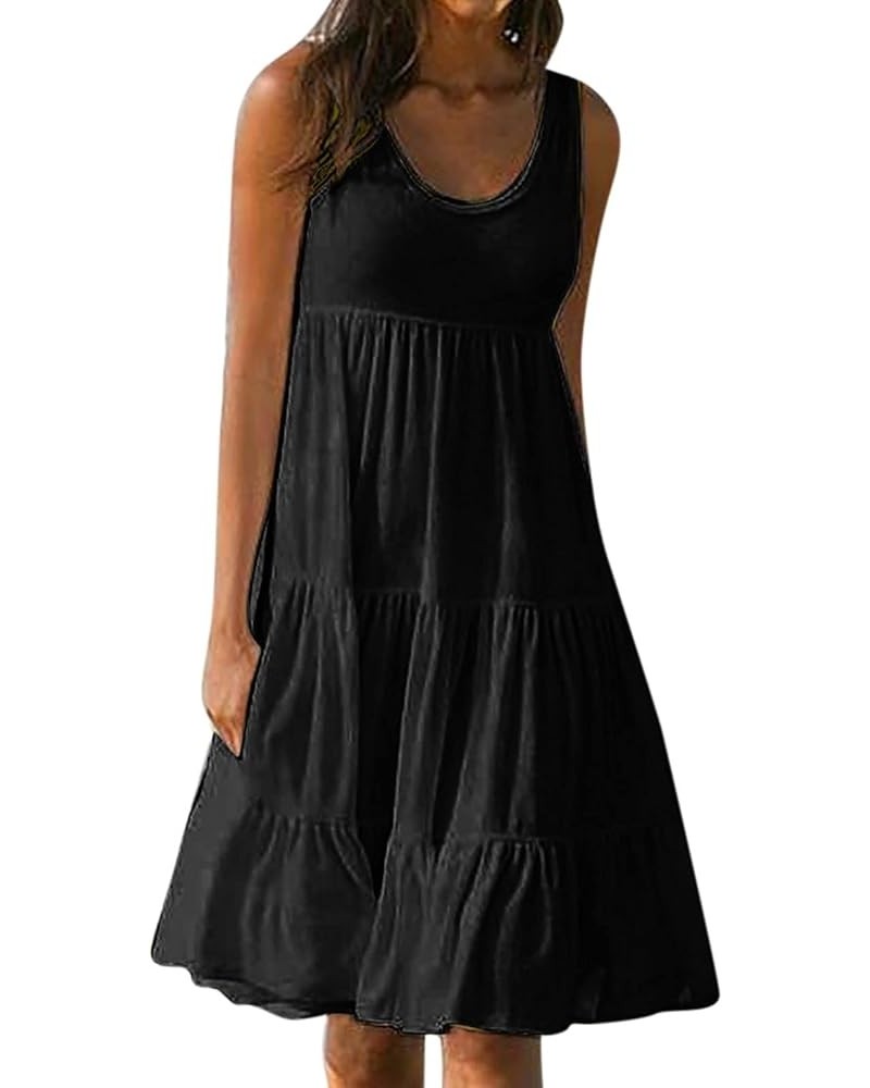 Women's Summer Casual Solid Sleeveless Mini Dresses Ruffle Tiered A Line Flowy Mini Beach Dress Plus Size Tank Dress Black $7...