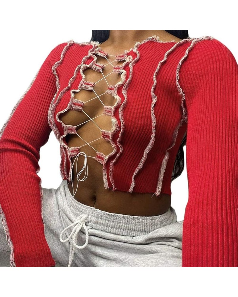 Women's Lace Up Front Long Sleeve Crop Tee Top Criss Cross Ribbed T-Shirt Top Red $11.59 T-Shirts