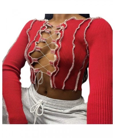 Women's Lace Up Front Long Sleeve Crop Tee Top Criss Cross Ribbed T-Shirt Top Red $11.59 T-Shirts