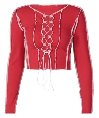 Women's Lace Up Front Long Sleeve Crop Tee Top Criss Cross Ribbed T-Shirt Top Red $11.59 T-Shirts