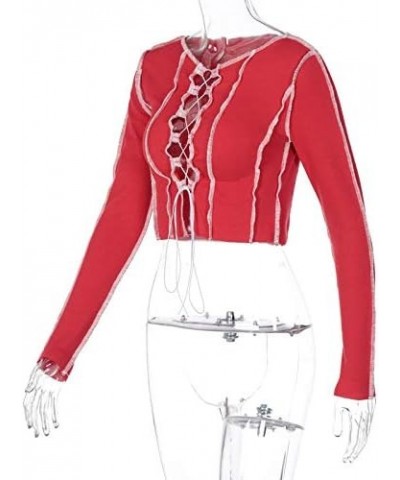 Women's Lace Up Front Long Sleeve Crop Tee Top Criss Cross Ribbed T-Shirt Top Red $11.59 T-Shirts