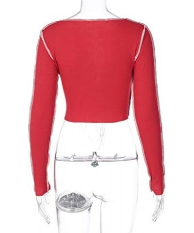 Women's Lace Up Front Long Sleeve Crop Tee Top Criss Cross Ribbed T-Shirt Top Red $11.59 T-Shirts