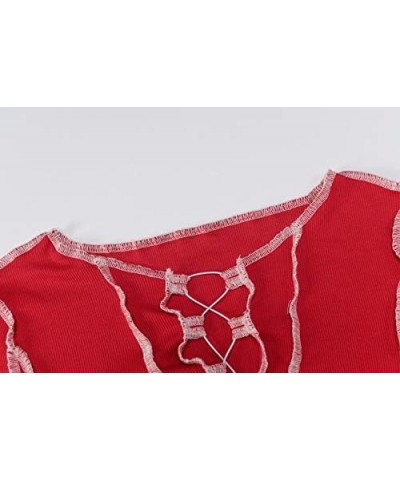 Women's Lace Up Front Long Sleeve Crop Tee Top Criss Cross Ribbed T-Shirt Top Red $11.59 T-Shirts