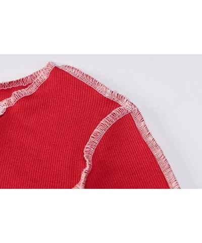 Women's Lace Up Front Long Sleeve Crop Tee Top Criss Cross Ribbed T-Shirt Top Red $11.59 T-Shirts