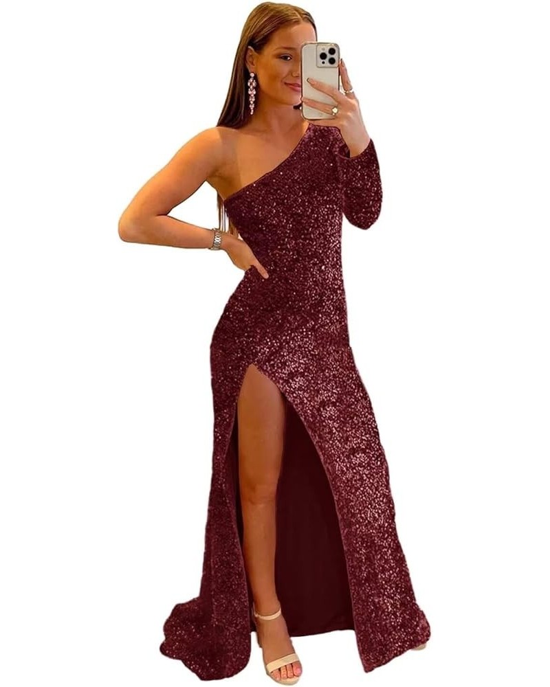 Women’s One Shoulder Mermaid Prom Dress Long Glitter Sequin Formal Evening Party Gown with Slit Burgundy $31.60 Dresses