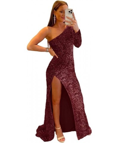 Women’s One Shoulder Mermaid Prom Dress Long Glitter Sequin Formal Evening Party Gown with Slit Burgundy $31.60 Dresses