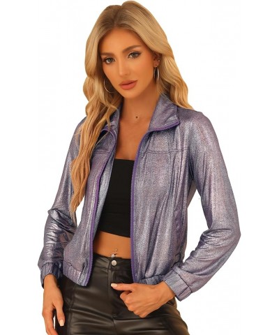 Women's Holographic Shiny Party Christmas Long Sleeve Lightweight Zipper Metallic Jacket Small Purple Gold $21.12 Jackets