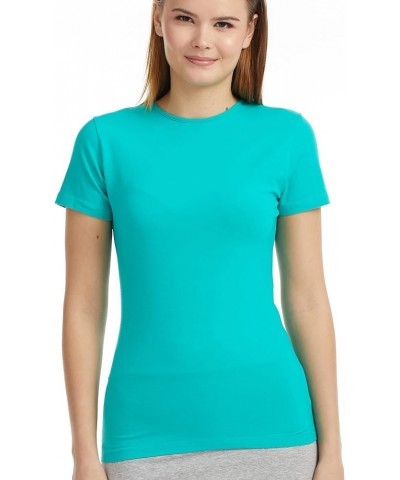 Women's Crewneck Slim Fitted Cotton Short Sleeve T-Shirt/Crop Top Stretchy Bodycon Basic Tees Turquoise $14.74 T-Shirts