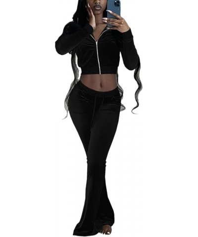 Women's 2 Piece Outfit Velour Zip Up Crop Jacket and Bell Bottoms Long Pants with Pockets Tracksuit Set Black $18.04 Activewear