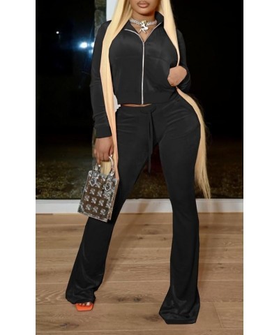 Women's 2 Piece Outfit Velour Zip Up Crop Jacket and Bell Bottoms Long Pants with Pockets Tracksuit Set Black $18.04 Activewear