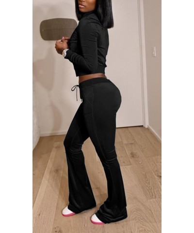 Women's 2 Piece Outfit Velour Zip Up Crop Jacket and Bell Bottoms Long Pants with Pockets Tracksuit Set Black $18.04 Activewear