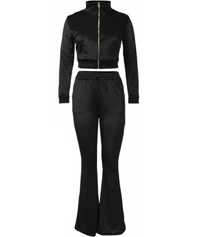 Women's 2 Piece Outfit Velour Zip Up Crop Jacket and Bell Bottoms Long Pants with Pockets Tracksuit Set Black $18.04 Activewear