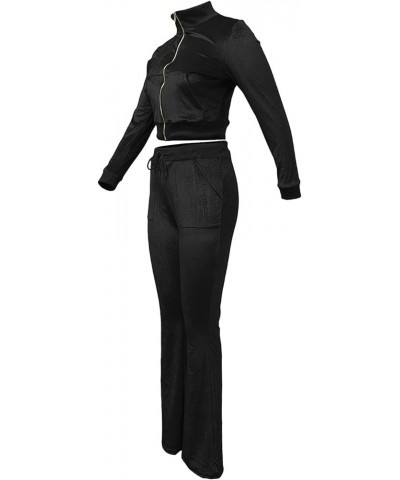 Women's 2 Piece Outfit Velour Zip Up Crop Jacket and Bell Bottoms Long Pants with Pockets Tracksuit Set Black $18.04 Activewear