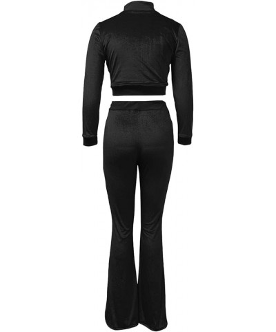 Women's 2 Piece Outfit Velour Zip Up Crop Jacket and Bell Bottoms Long Pants with Pockets Tracksuit Set Black $18.04 Activewear