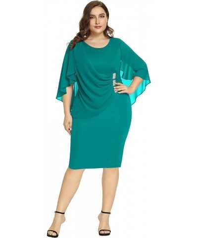 Women's Plus Size Chiffon Ruffle Flattering Cape Sleeve Bodycon Pencil Dress Cotton Acid Blue $21.31 Dresses