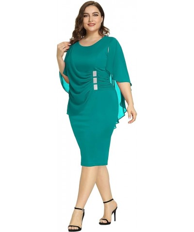 Women's Plus Size Chiffon Ruffle Flattering Cape Sleeve Bodycon Pencil Dress Cotton Acid Blue $21.31 Dresses