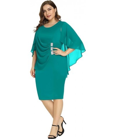 Women's Plus Size Chiffon Ruffle Flattering Cape Sleeve Bodycon Pencil Dress Cotton Acid Blue $21.31 Dresses