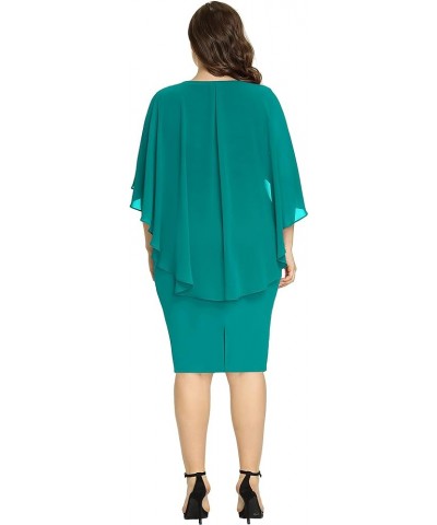 Women's Plus Size Chiffon Ruffle Flattering Cape Sleeve Bodycon Pencil Dress Cotton Acid Blue $21.31 Dresses